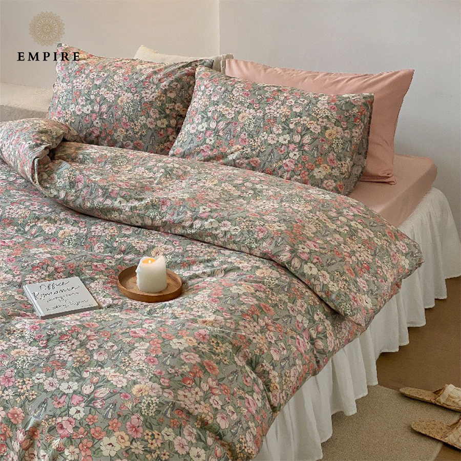 Bộ chăn ga gối 4 món bo chun cotton 100% EMPIRE ga giường hoa nhí thoáng mát- Empire Bedding & Decor