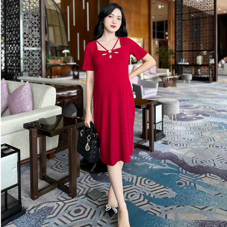 MEDYLA – Váy bầu thiết kế len tăm khoét khuyên đầm bầu thiết kế cho bầu mặc đi làm dự tiệc – VTO1361 spe
