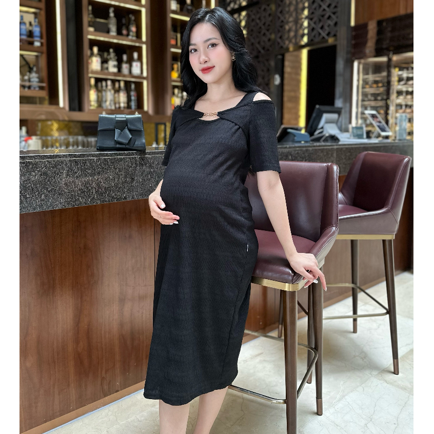 MEDYLA – Váy bầu thiết kế len tăm khoét vai đầm bầu thiết kế cho bầu mặc đi làm dự tiệc – VTO1358 spe