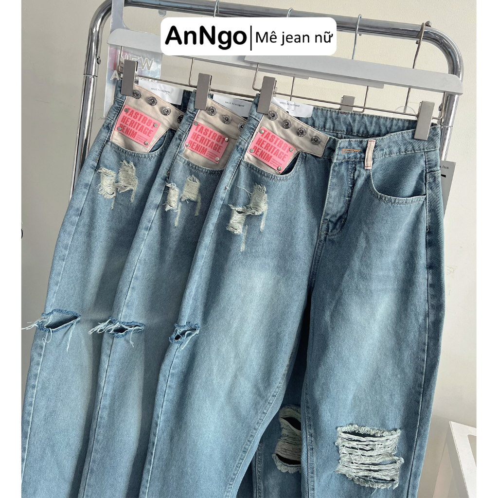 Quần baggy jean nữ ống suông rách gối cực cá tính Anngo - AT351