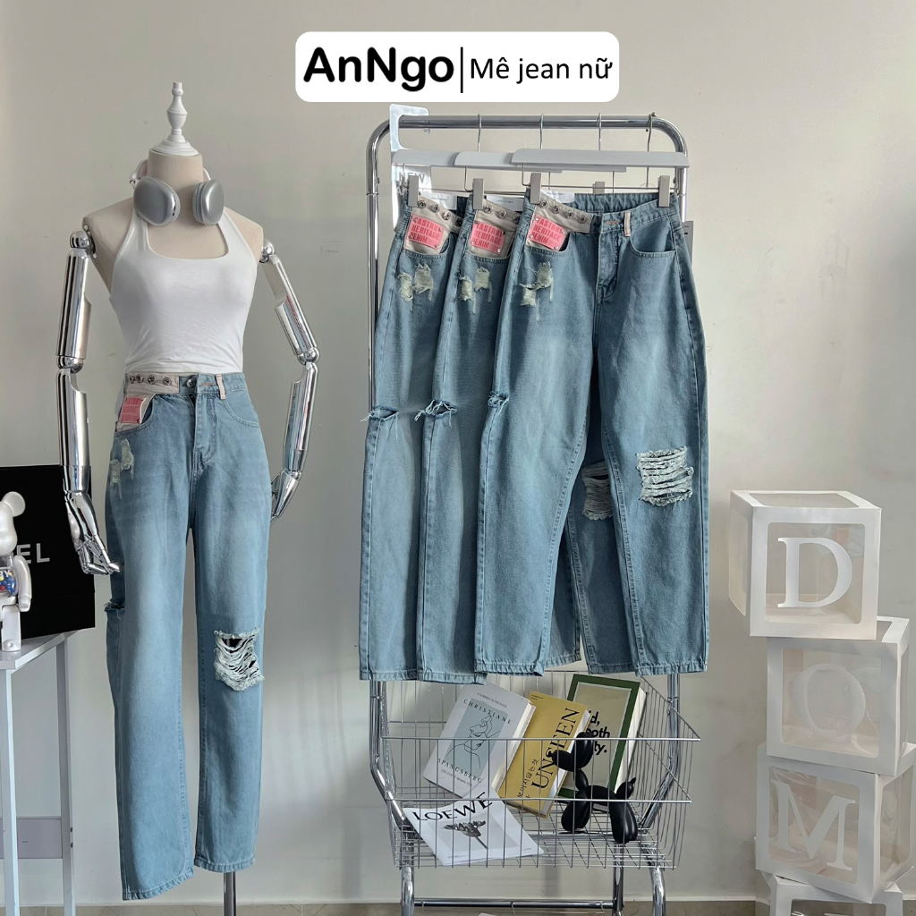 Quần baggy jean nữ ống suông rách gối cực cá tính Anngo - AT351