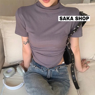 Áo thun croptop nữ nhún 2 bên cổ cao thun trơn co giãn