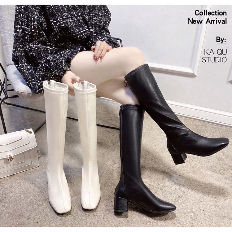 Bốt đùi cao cổ đế vuông 5 cm Da mềm khóa sau, Boot Đùi Da Form Mềm