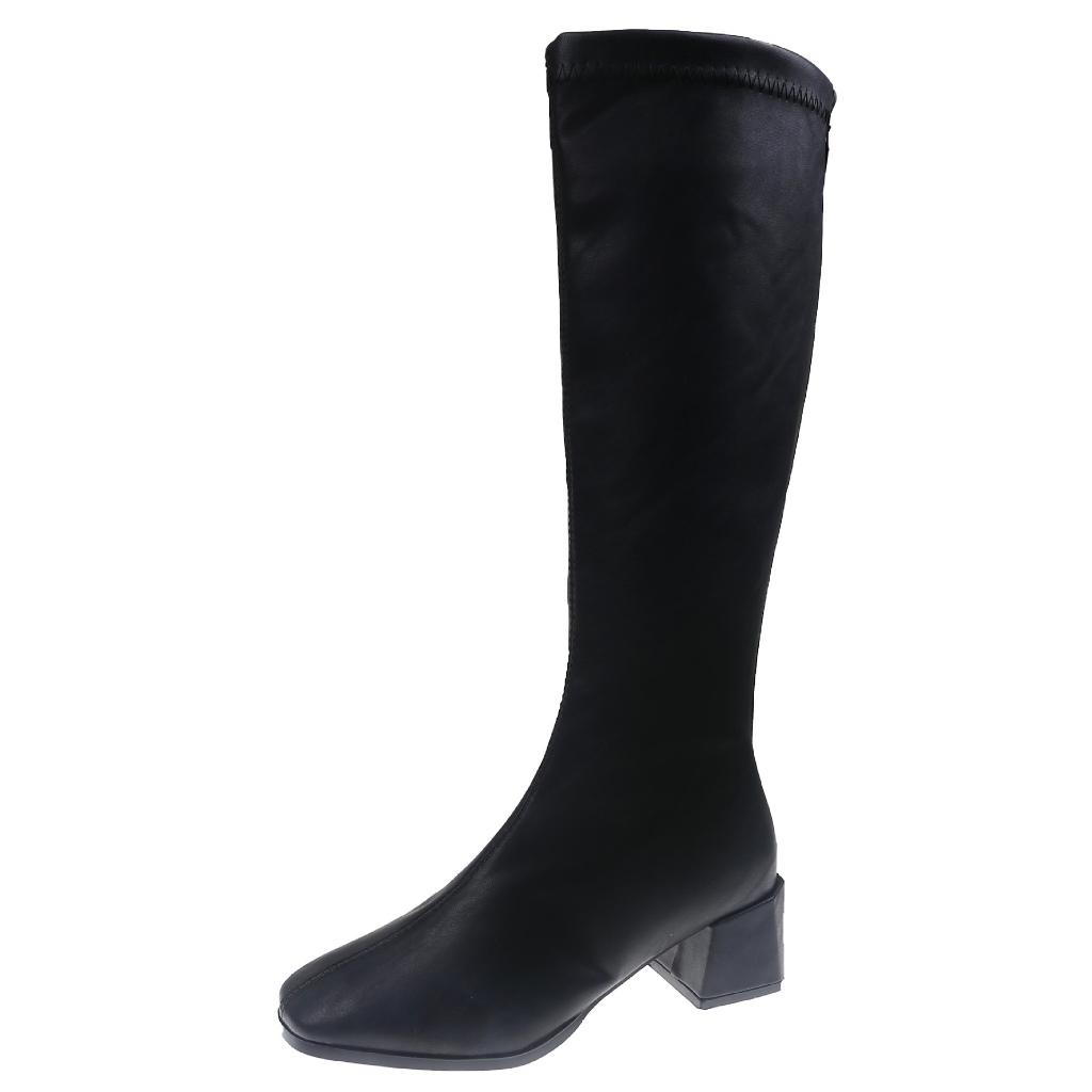 Bốt đùi cao cổ đế vuông 5 cm Da mềm khóa sau, Boot Đùi Da Form Mềm