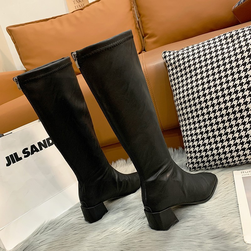 Bốt đùi cao cổ đế vuông 5 cm Da mềm khóa sau, Boot Đùi Da Form Mềm