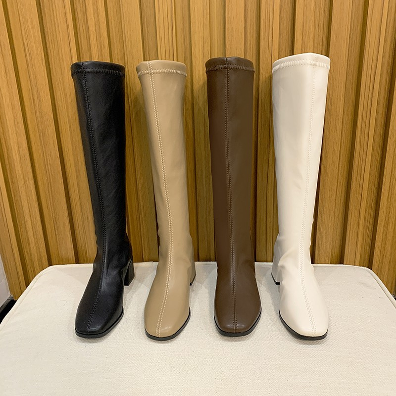 Bốt đùi cao cổ đế vuông 5 cm Da mềm khóa sau, Boot Đùi Da Form Mềm