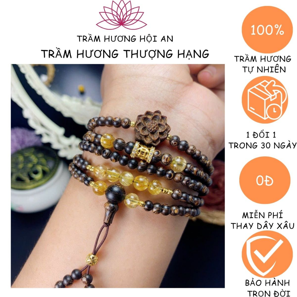 Vòng tay chuỗi hạt bằng trầm hương sánh chìm cao cấp 6mm 108 hạt mix charm đá thạch anh-charm vàn:g 10K.