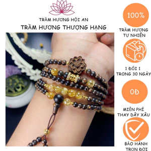 Vòng tay chuỗi hạt bằng trầm hương sánh chìm cao cấp 6mm 108 hạt mix charm đá thạch anh-charm vàn:g 10K.
