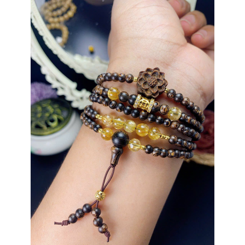 Vòng tay chuỗi hạt bằng trầm hương sánh chìm cao cấp 6mm 108 hạt mix charm đá thạch anh-charm vàn:g 10K.