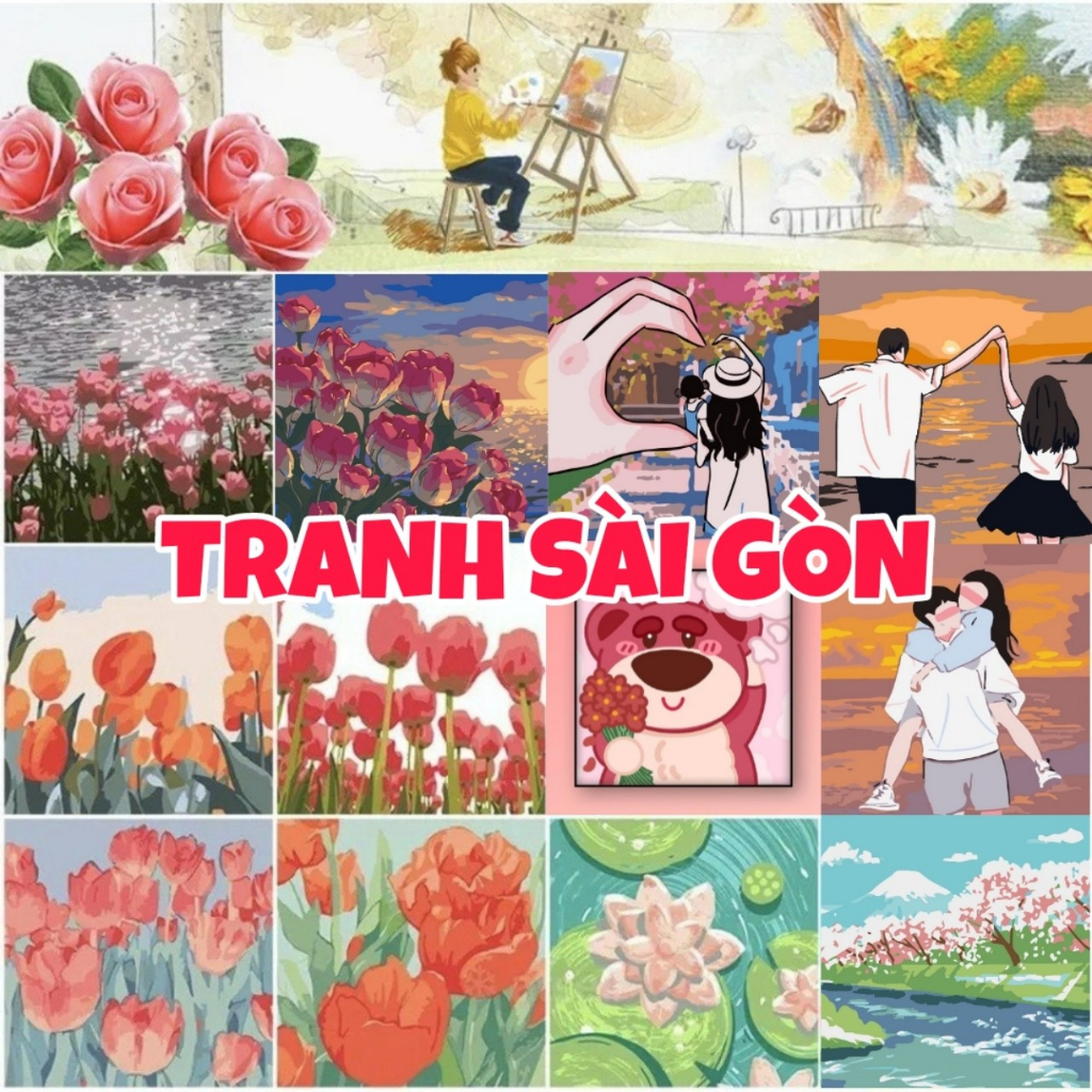 Tranh Tô Màu theo Số Hóa Có Khung 20x20cm Cặp Đôi, Gấu DÂU , Phong cảnh hoa Tulip Combo kèm KHUNG VÀ DỤNG CỤ VẼ 20*20CM