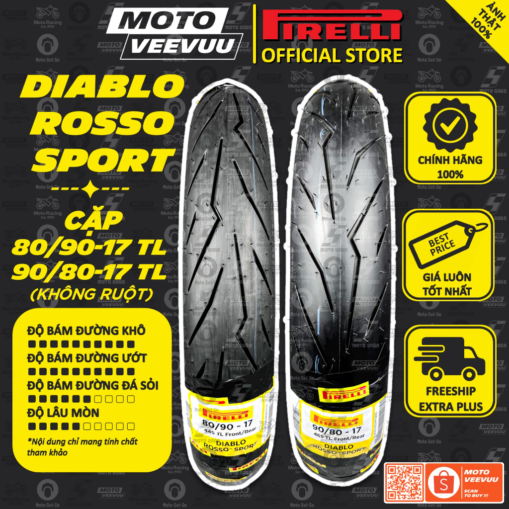 CẶP VỎ LỐP xe máy PIRELLI Rosso Sport 80/90-17 & 90/80-17 Sirius ...