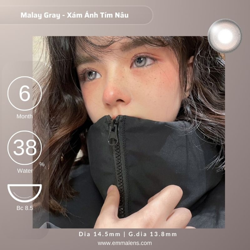 Kính áp tròng Malay Gray không I-On | Lens xám ánh tím rêu giãn to | Emma Lens