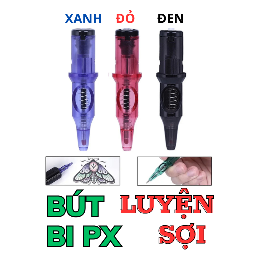 Bút Bi tích hợp Máy Phun Xăm luyện Kéo Sợi Máy, Kéo Sợi Chân Mày trên Giấy Vẽ | Combo vĩ 5 cái màu Xanh, Đen, Đỏ