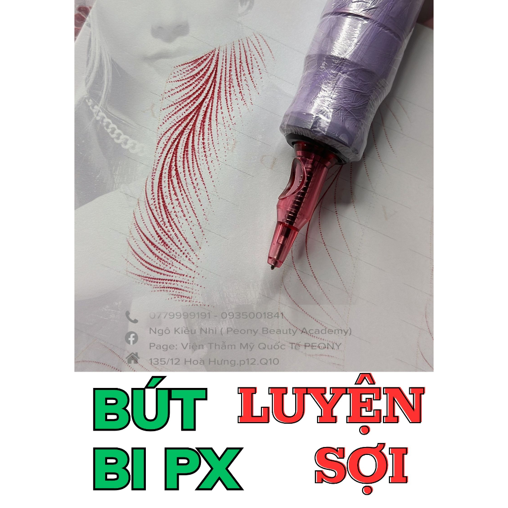 Bút Bi tích hợp Máy Phun Xăm luyện Kéo Sợi Máy, Kéo Sợi Chân Mày trên Giấy Vẽ | Combo vĩ 5 cái màu Xanh, Đen, Đỏ