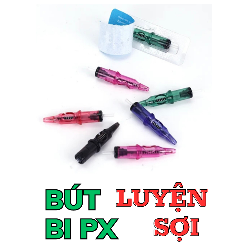 Bút Bi tích hợp Máy Phun Xăm luyện Kéo Sợi Máy, Kéo Sợi Chân Mày trên Giấy Vẽ | Combo vĩ 5 cái màu Xanh, Đen, Đỏ