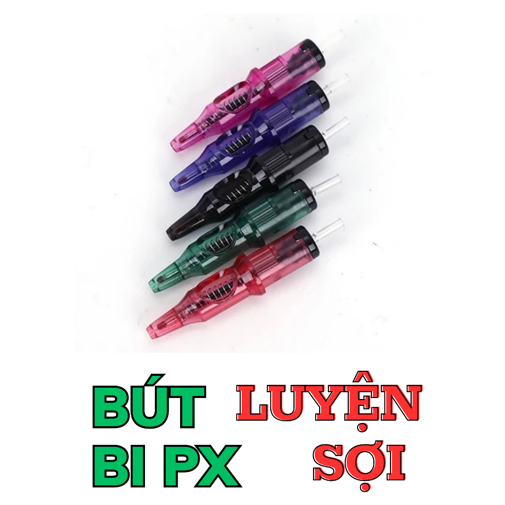 Bút Bi tích hợp Máy Phun Xăm luyện Kéo Sợi Máy, Kéo Sợi Chân Mày trên Giấy Vẽ | Combo vĩ 5 cái màu Xanh, Đen, Đỏ