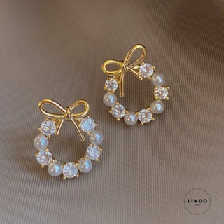 LD06 Bông tai Nơ Hình Tròn Đính Đá LINDO Xinh xắn, Dễ thương, Phong cách Thanh Lịch