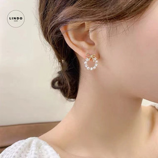 LD06 Bông tai Nơ Hình Tròn Đính Đá LINDO Xinh xắn, Dễ thương, Phong cách Thanh Lịch