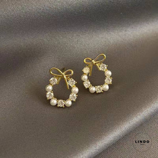 LD06 Bông tai Nơ Hình Tròn Đính Đá LINDO Xinh xắn, Dễ thương, Phong cách Thanh Lịch
