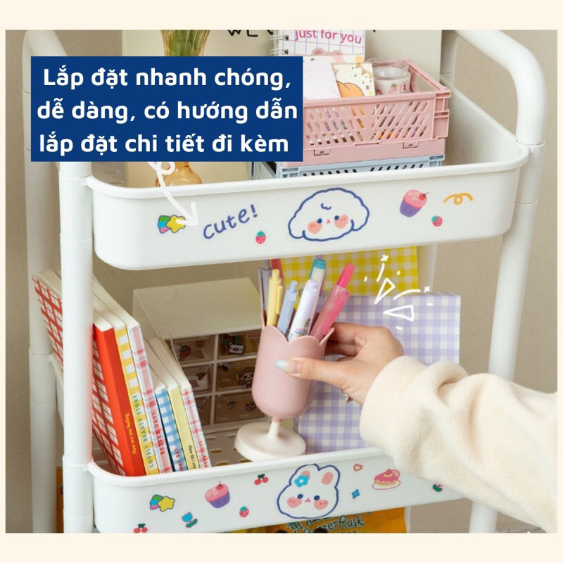 Kệ để đựng đồ đa năng (loại 1 ) 3 - 4 tầng có bánh xe có Sticker Chất Lượng