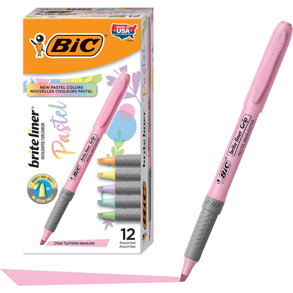 (Hàng Mỹ) BỘ 12 BÚT DẠ QUANG BIC Brite Liner Grip Pastel Highlighter