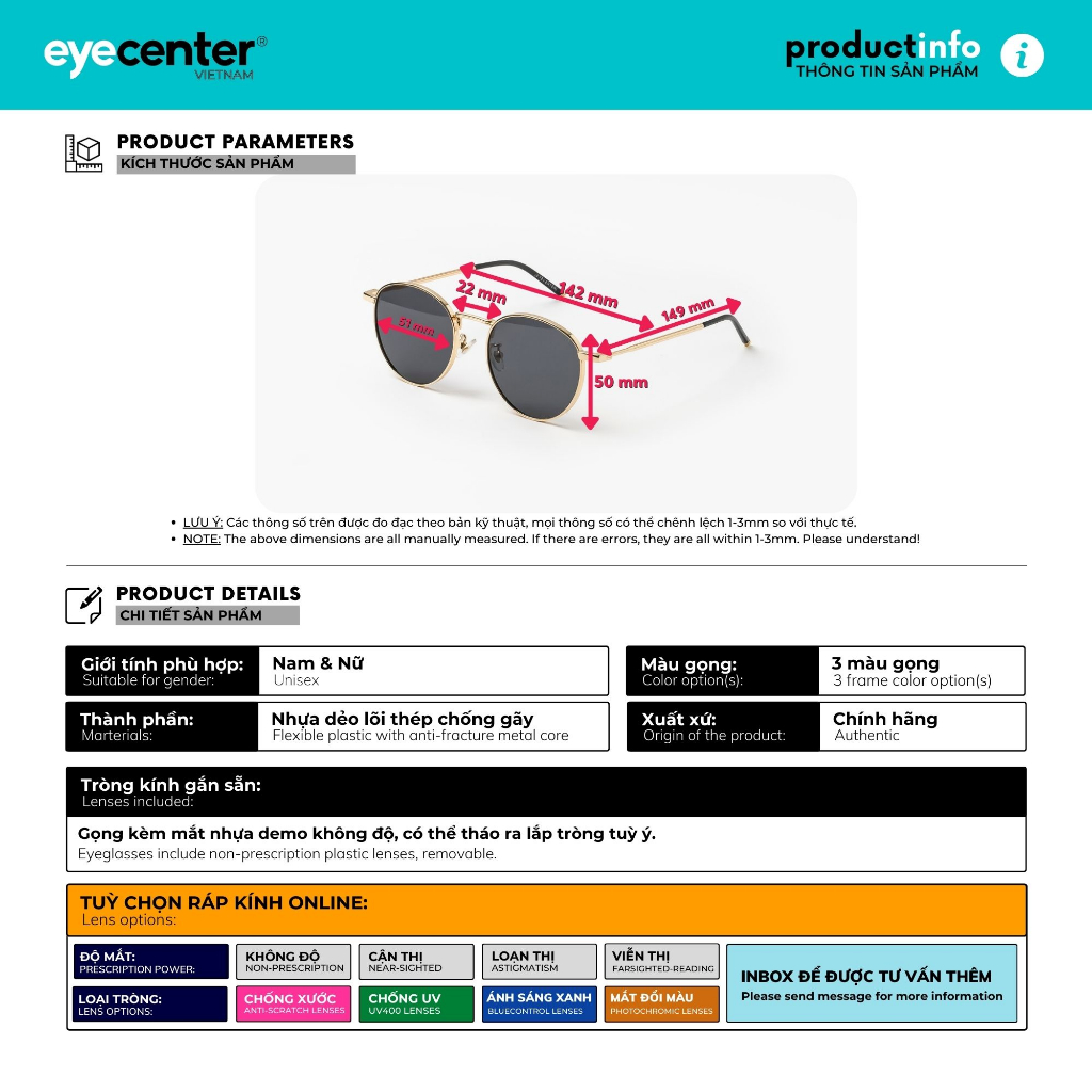 Ảnh Kính mát nam nữ chính hãng nhiều màu EYECENTER S59S nhiều màu nhập khẩu by Eye Center Vietnam 1