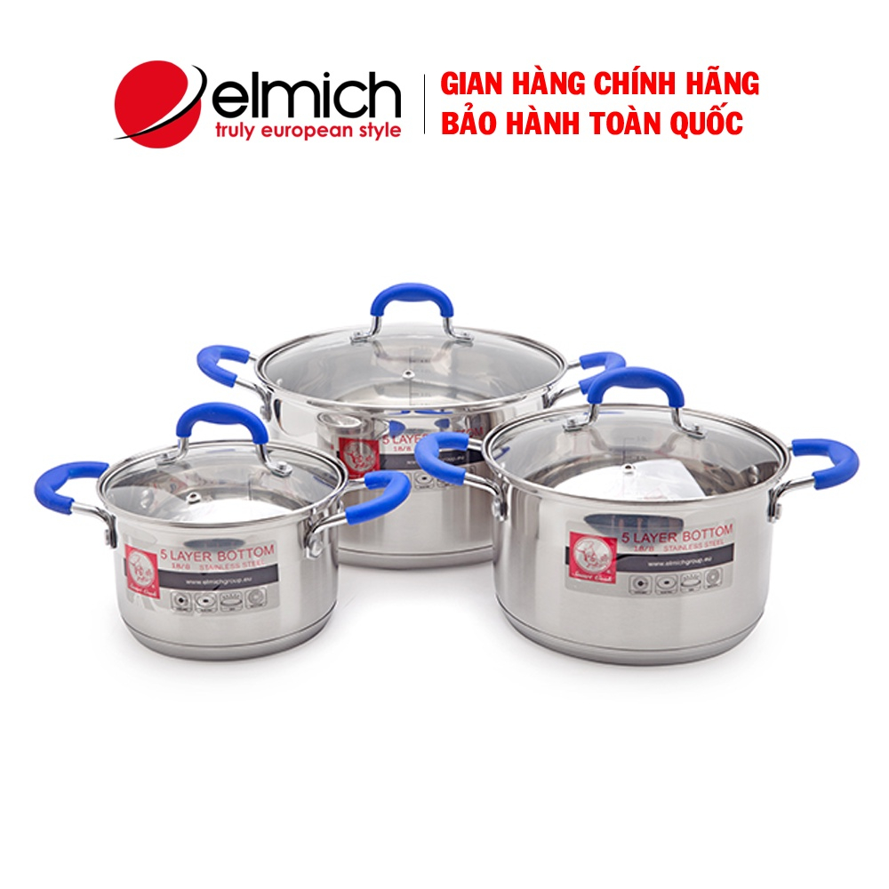 Bộ 3 nồi Inox 304 5 đáy size 16, 20 và 24cm Elmich dùng bếp từ, bảo hành 12 tháng - HÀNG CHÍNH HÃNG