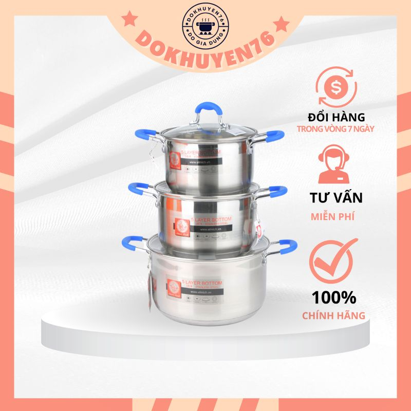 Bộ 3 nồi Inox 304 5 đáy size 16, 20 và 24cm Elmich dùng bếp từ, bảo hành 12 tháng - HÀNG CHÍNH HÃNG