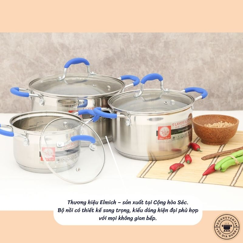 Bộ 3 nồi Inox 304 5 đáy size 16, 20 và 24cm Elmich dùng bếp từ, bảo hành 12 tháng - HÀNG CHÍNH HÃNG