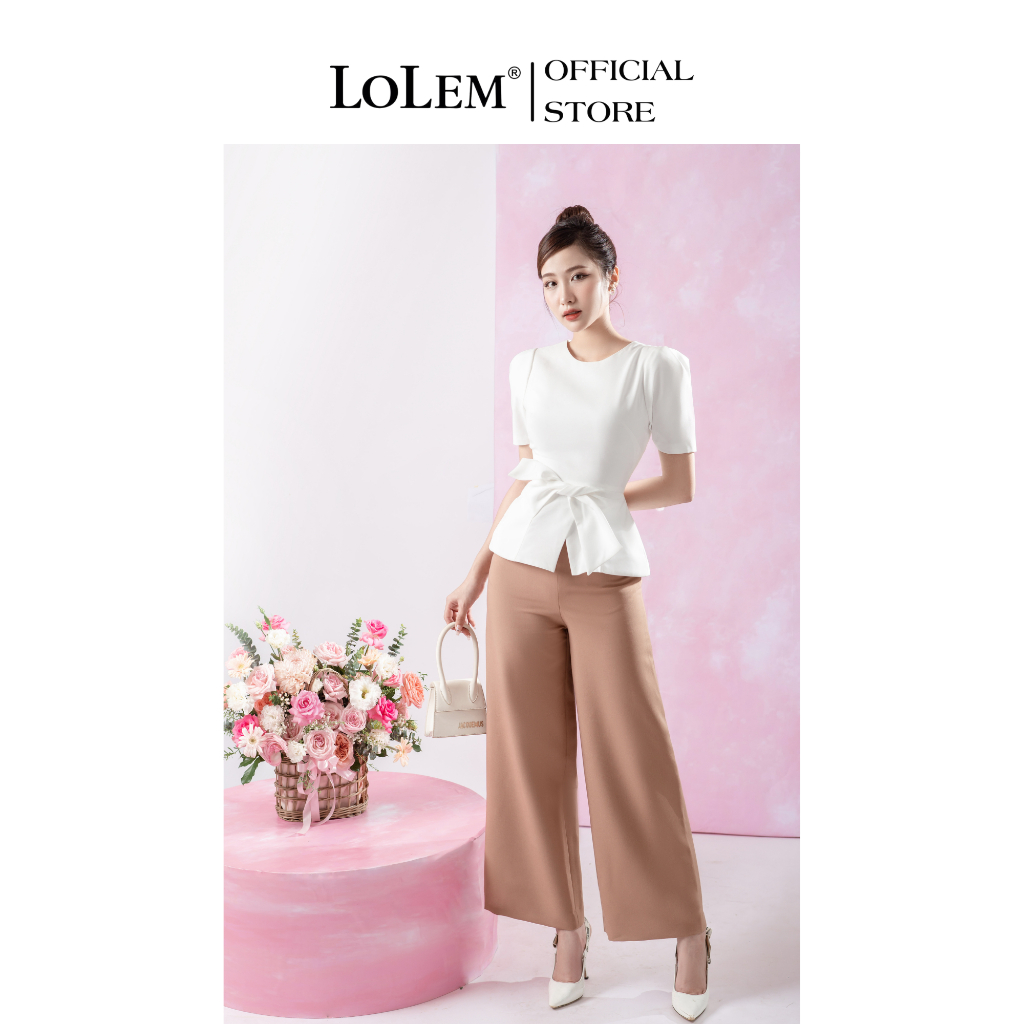 Áo thun kiểu nữ cổ tròn LOLEM AK1377 thiết kế thắt nơ eo chất tafta lụa sang trọng