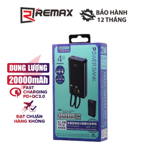 Pin dự phòng Remax RPP-311 20000mAh 1 cổng USB và 1 cổng Type C kèm cáp ...