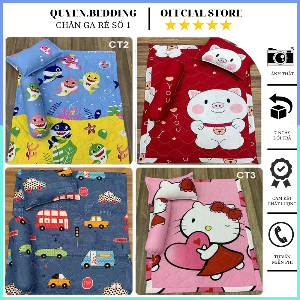 Bộ chăn gối  nệm cho bé , set 3 món cho bé đi học cotton poly thoáng khi hoạ tiết màu hình thú ngộ nghĩnh đáng yêu