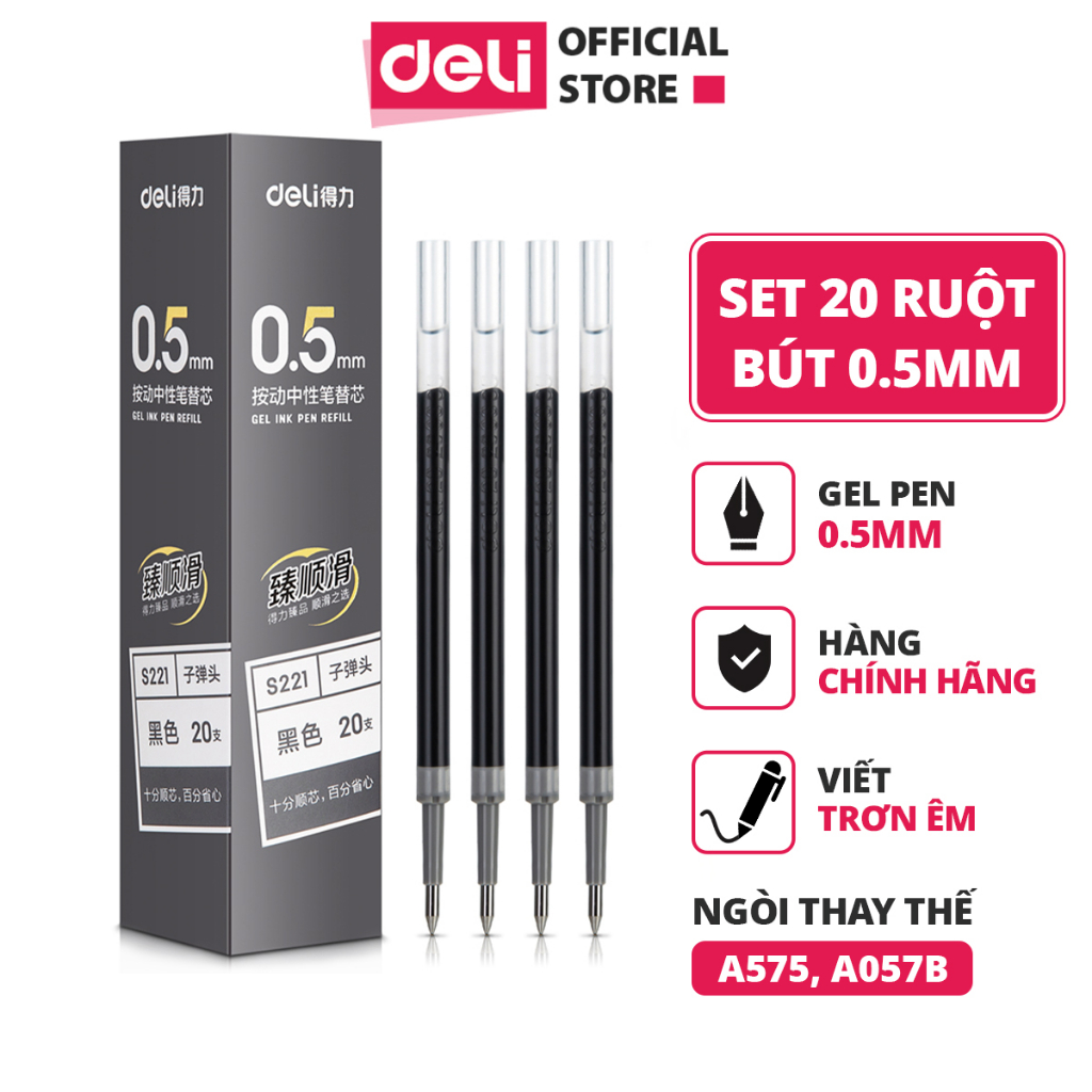Ảnh Combo 20 ruột bút gel S221 Deli 0.5mm dùng cho bút bi nước A575 không gai viết trơn tru phù hợp học sinh văn phòng 1