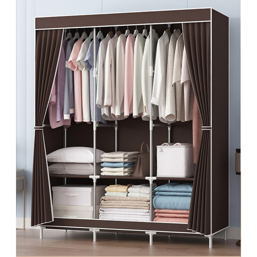 Tủ Quần Áo 3 Ngăn - Tủ Để Quần Áo Khung Thép Chắc Chắn Vải Canvas Không Xù  Lông Có Rèm Che Bụi