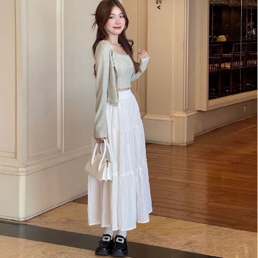 Chân váy LYRA dáng dài 3 tầng vải xốp kẻ ngang nhỏ nữ tính phong cách Hàn Quốc – CSYCD0116 spe