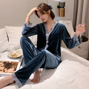 Bộ ngủ nhung nữ hàng Quảng Châu cao cấp viền ren tiểu thư