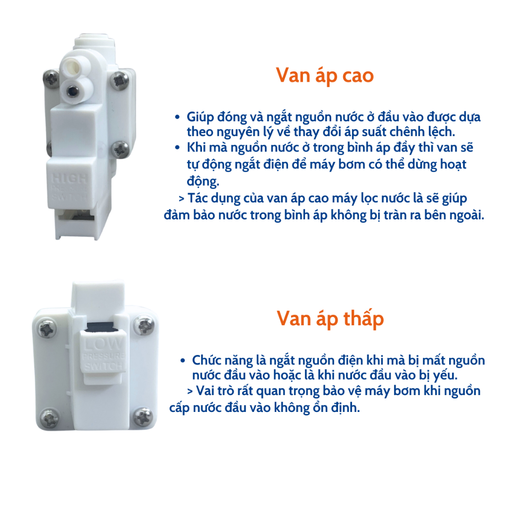 Combo Linh Kiện Máy Lọc Nước Gồm Van Áp Cao, Van Áp Thấp, Van Điện Từ, Van FLow Cho Máy Lọc Nước RO (BH 1 Đổi 1 30 Ngày)