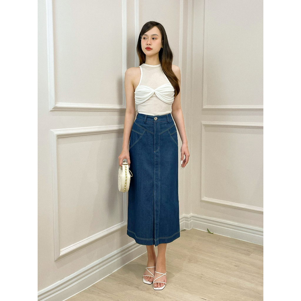 Mollynista – Váy jeans xẻ giữa nút bạc cao cấp nữ tính thiết kế form ôm tôn dáng