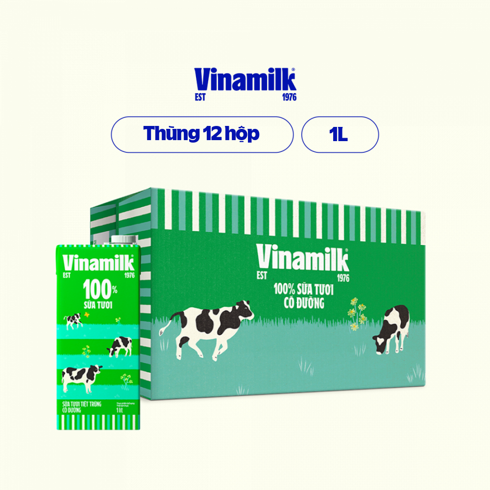 Thùng 12 Hộp Sữa tươi tiệt trùng Vinamilk 100% Có đường Hộp giấy 1L ...
