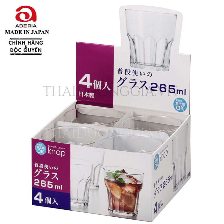Bộ 4 cốc thủy tinh 265ml Nhật Bản Aderia KNOP S-6128 | Thái Dương Gia