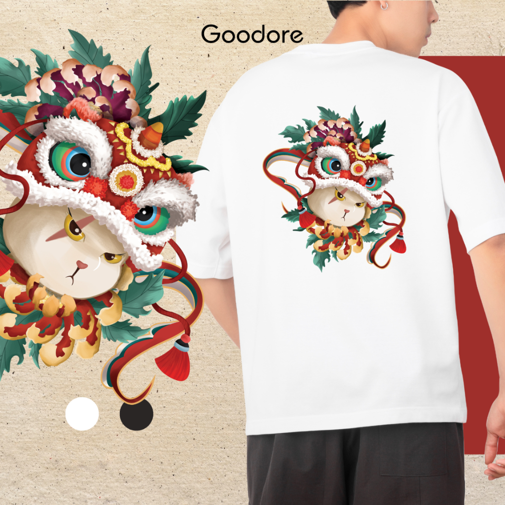 Áo phông cotton unisex nam nữ Goodore Dynameow mẫu Đầu Lân thoáng mát năng động form oversize thiết kế độc đáo