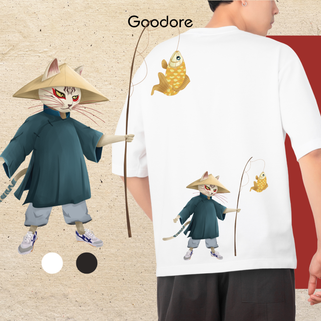 Áo phông cotton unisex nam nữ Goodore Dynameow mẫu Mèo Câu Cá thoáng mát năng động form oversize thiết kế độc đáo