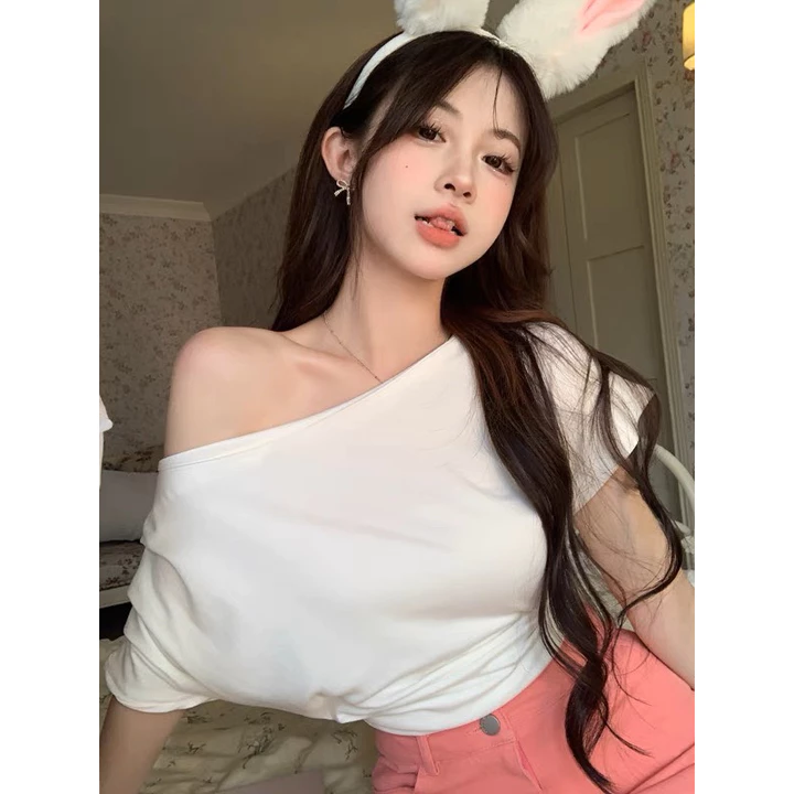 Áo thun nữ lệch vai áo tay hến, áo lệch vai chất cotton co giãn áo croptop kiểu đẹp sang chảnh