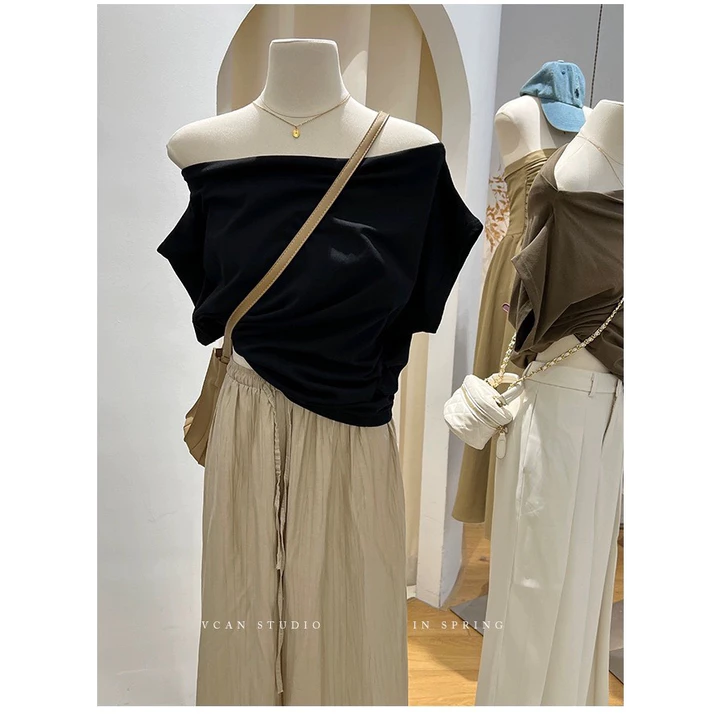 Áo thun nữ lệch vai áo tay hến, áo lệch vai chất cotton co giãn áo croptop kiểu đẹp sang chảnh