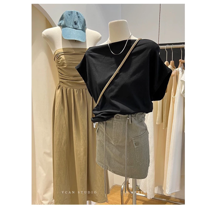 Áo thun nữ lệch vai áo tay hến, áo lệch vai chất cotton co giãn áo croptop kiểu đẹp sang chảnh