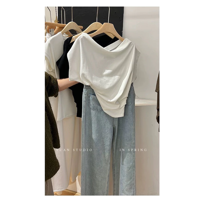 Áo thun nữ lệch vai áo tay hến, áo lệch vai chất cotton co giãn áo croptop kiểu đẹp sang chảnh