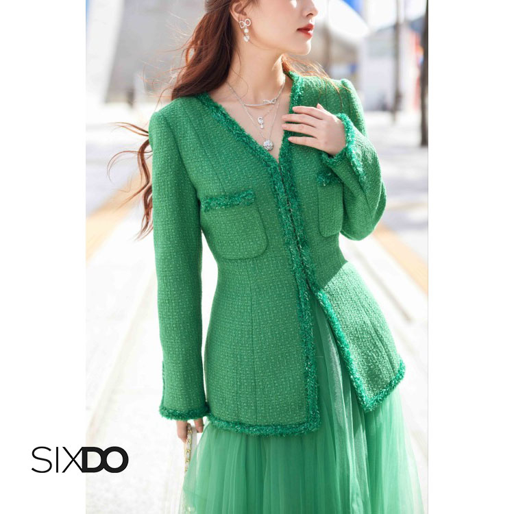 Áo vest tweed SIXDO Green V Sharp Tweed Vest