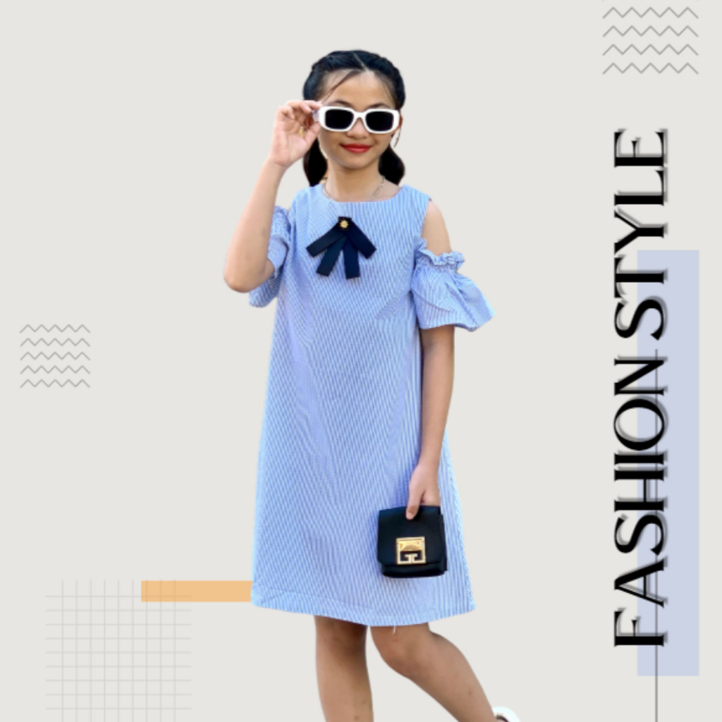 Váy cho bé gái thiết kế rớt vai sang trọng kẻ sọc nhiều màu [FREESHIP EXTRA] - JJ Kids Fashion