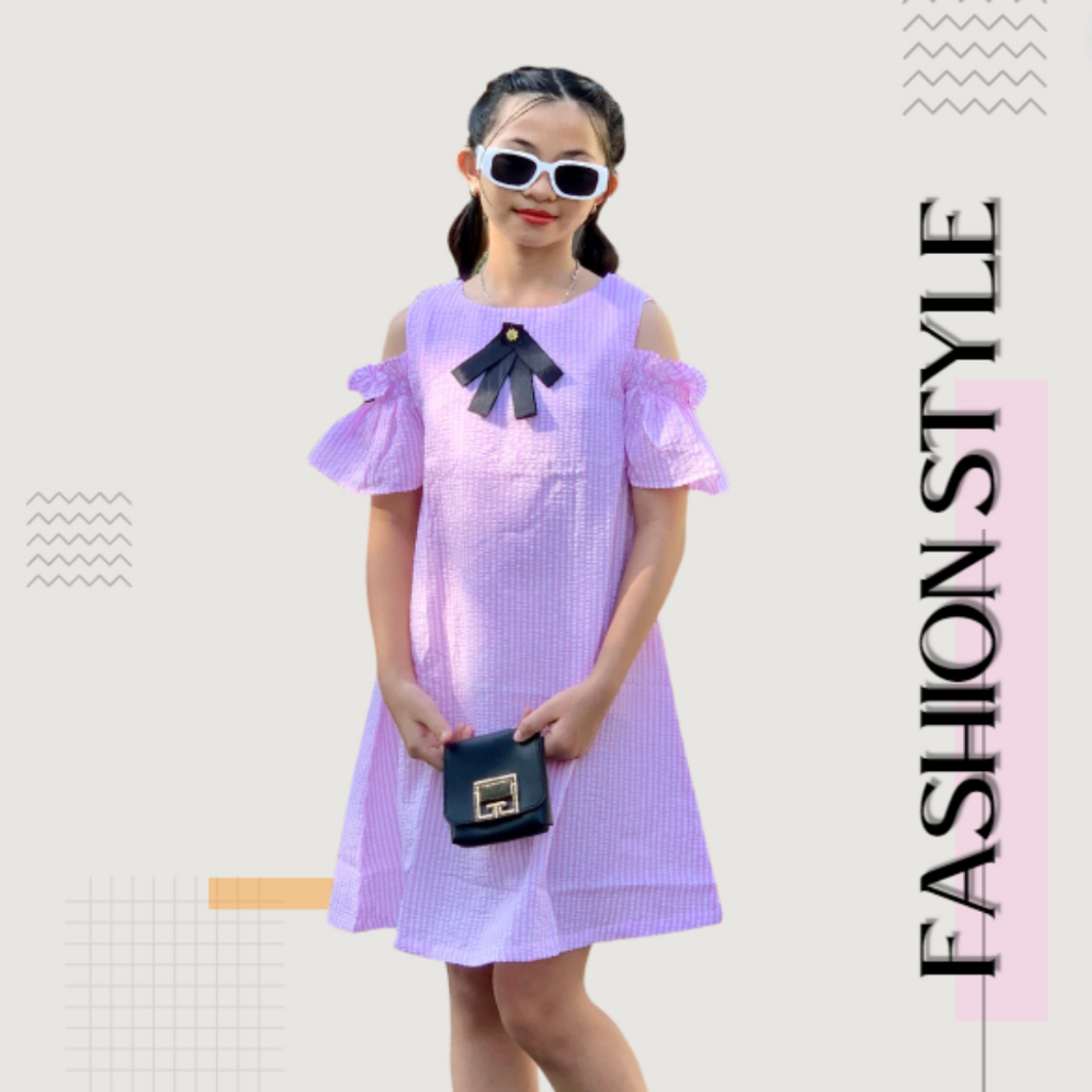 Váy cho bé gái thiết kế rớt vai sang trọng kẻ sọc nhiều màu [FREESHIP EXTRA] - JJ Kids Fashion
