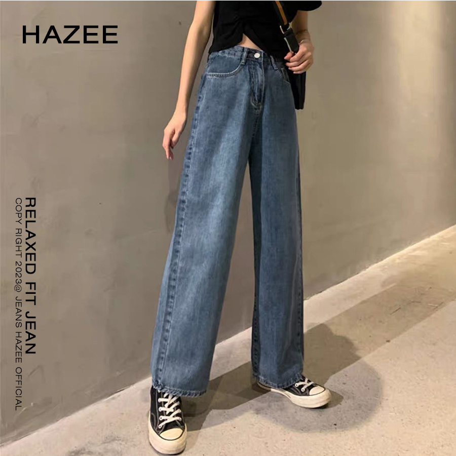 Quần jean màu xanh cho nữ cạp cao HAZEE quần bò ống rộng nữ jeans cao cấp co giãn